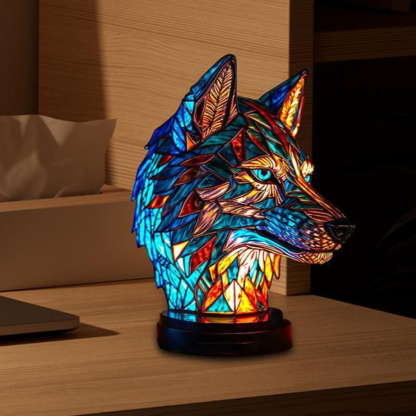 Glass Lamp with Wolf and Feather Design