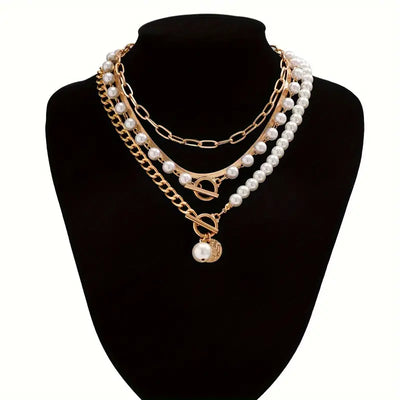 Vintage necklace set with pearl and snake chain | Gold