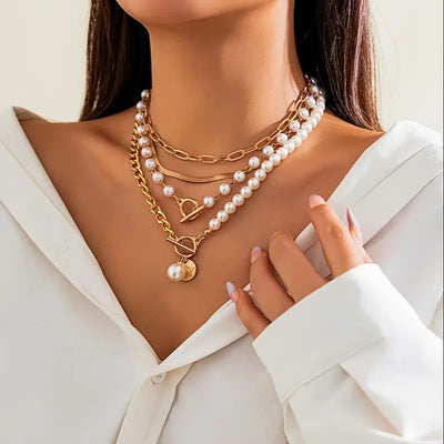 Vintage necklace set with pearl and snake chain | Gold
