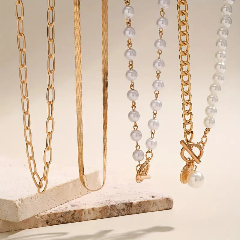 Vintage necklace set with pearl and snake chain | Gold