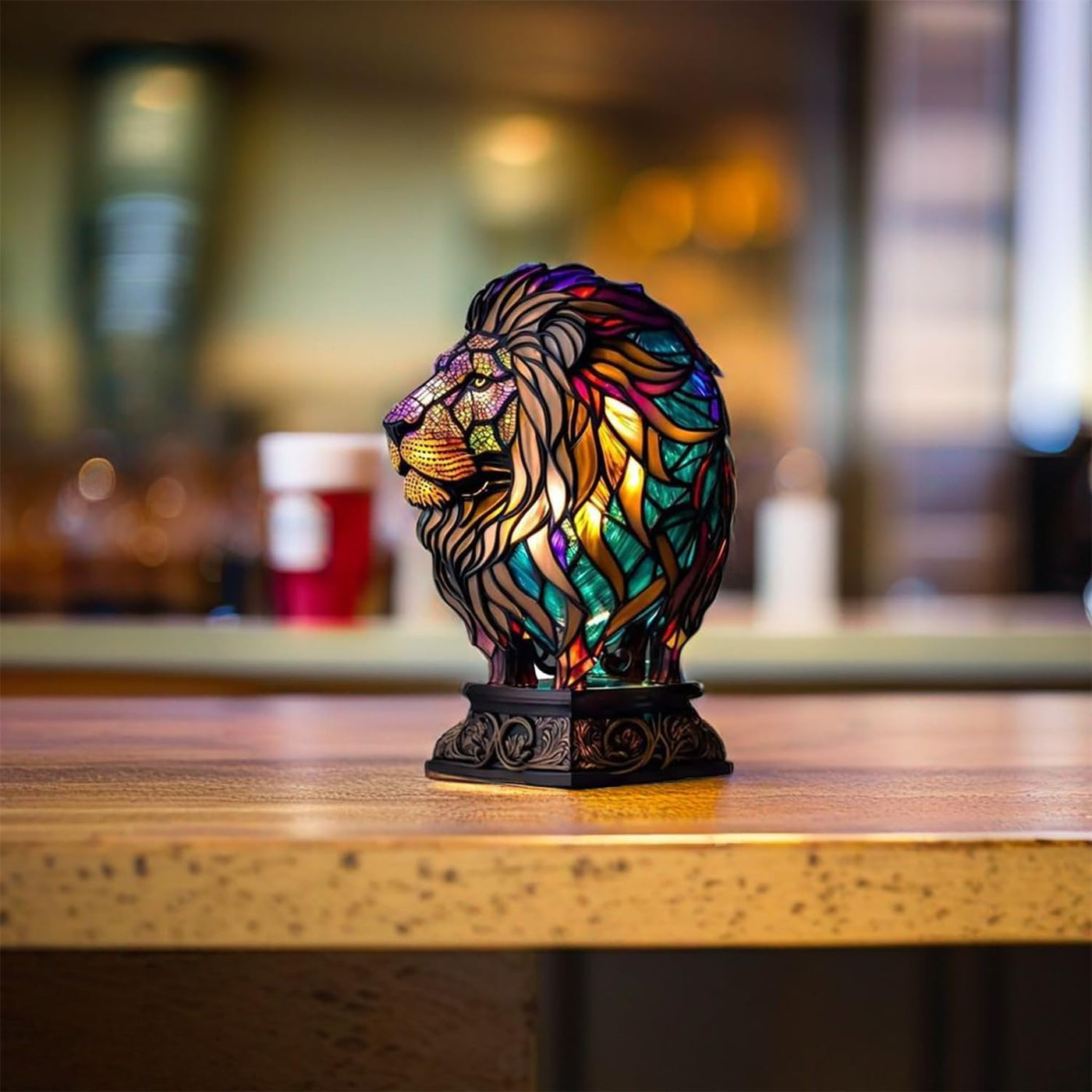 Engraved Glass Lamp with Lion Design