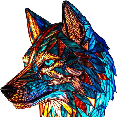 Glass Lamp with Wolf and Feather Design