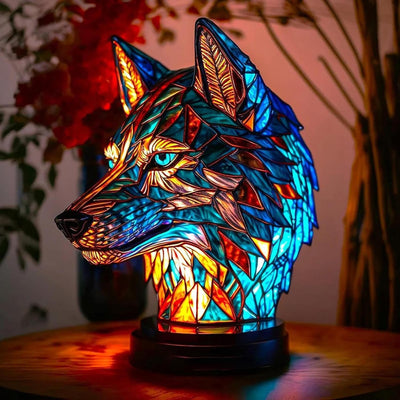 Glass Lamp with Wolf and Feather Design