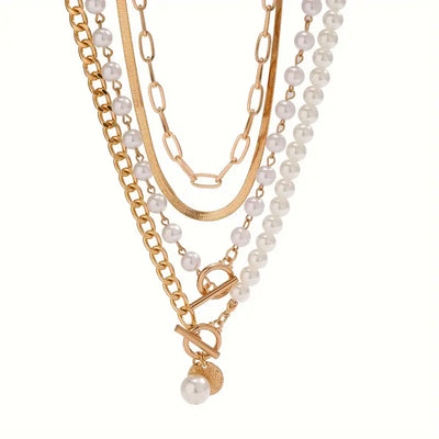 Vintage necklace set with pearl and snake chain | Gold